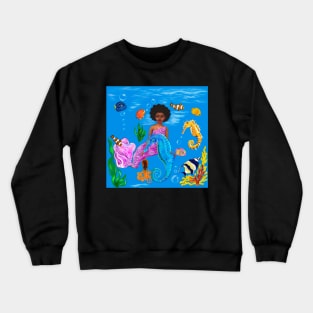 Mermaid and fish - Coco the Magical rainbow mermaid with brown eyes,  Afro hair in and caramel brown skin Crewneck Sweatshirt